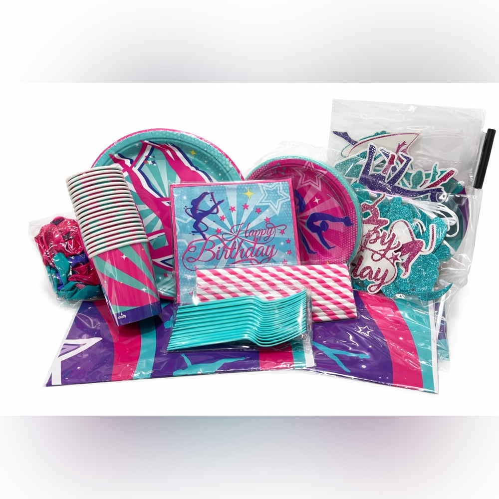 Gymnastics Birthday Party Supplies Set 20 Guests Pink Teal Decorations Kit